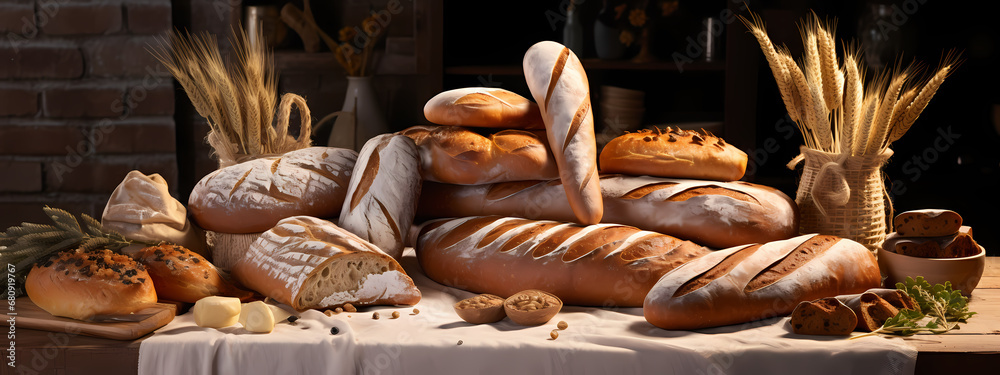 an assortment of artisanal breads, arranged to showcase texture and natural ingredients an assortment of artisanal breads, arranged to showcase texture and natural ingredients