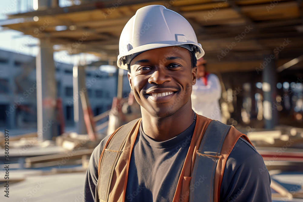 Smiling men bricklayer in work clothes on a construction site. Mason at work. Job. construction company. AI Smiling men bricklayer in work clothes on a construction site. Mason at work. Job. construction company. AI
