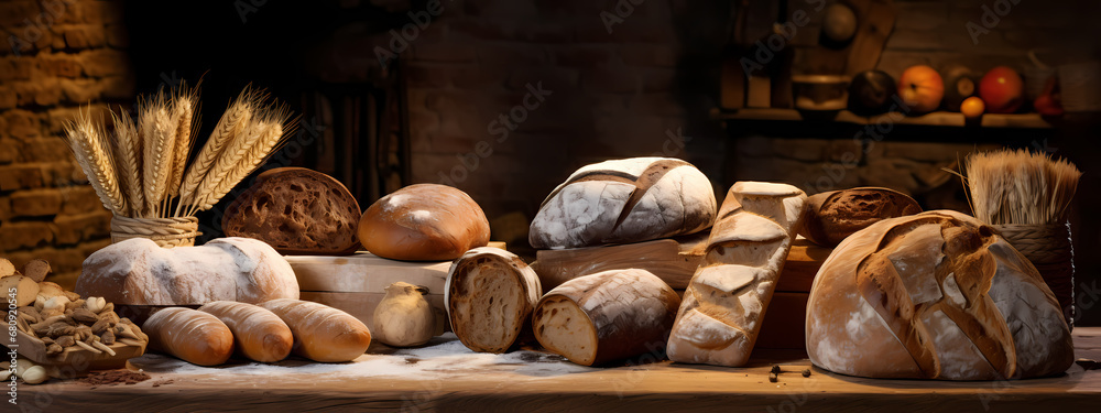 an assortment of artisanal breads, arranged to showcase texture and natural ingredients