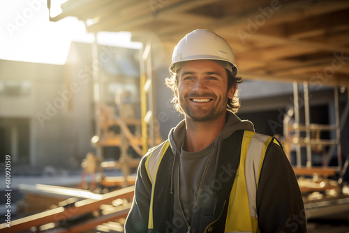 Smiling men bricklayer in work clothes on a construction site. Mason at work. Job. construction company. AI photo
