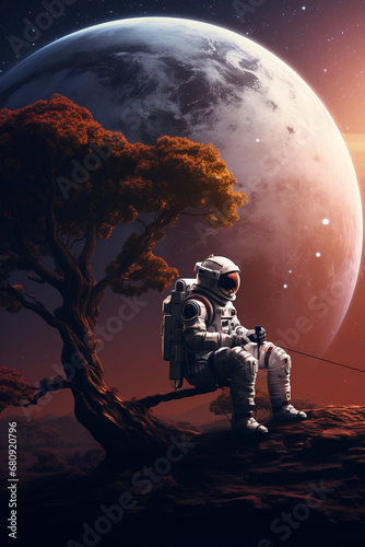 Otherworldly Respite: Space Explorer Rests Beneath Tree on Alien Terrain
