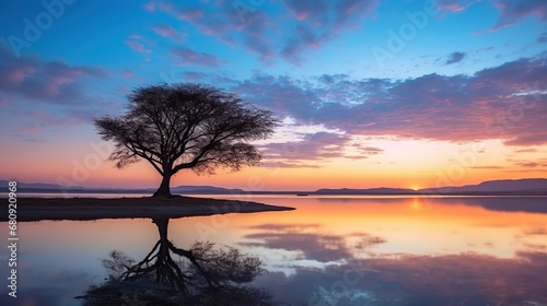 Tree on the shore of a lake at sunset in Tasmania, Australia