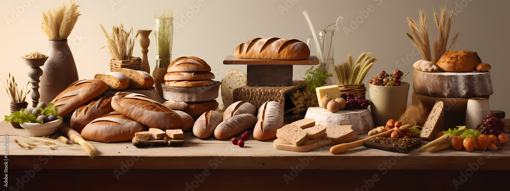 an assortment of artisanal breads, arranged to showcase texture and natural ingredients an assortment of artisanal breads, arranged to showcase texture and natural ingredients