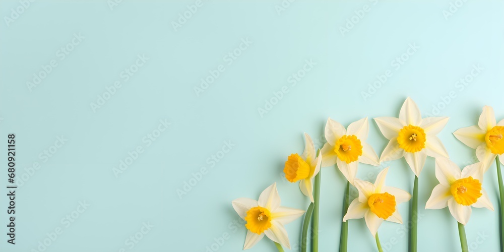 Naklejka premium Daffodil flowers on pastel background. Creative lifestyle, summer, spring concept. Copy Space. Generative AI
