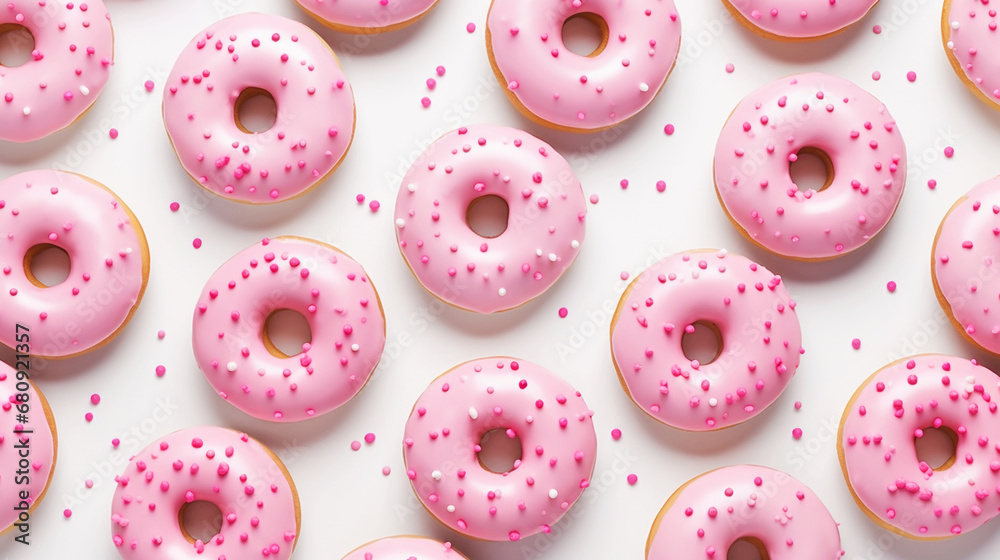 Pink donuts with sprinkles on a light background. Seamless pattern. Design concept for the website, printing on mugs, postcards Pink donuts with sprinkles on a light background. Seamless pattern. Design concept for the website, printing on mugs, postcards