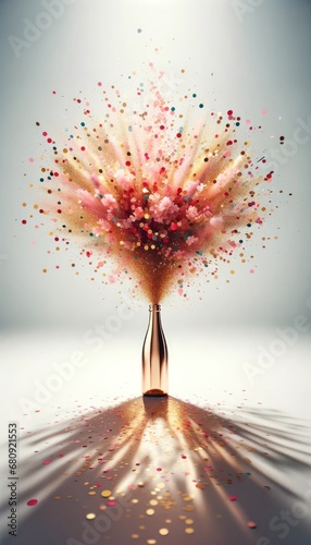 Dynamic champagne bottle with a burst of colorful confetti on a light gradient background photo