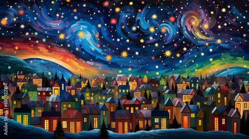 Enchanting winter town under a swirl of stars on a snowy night.