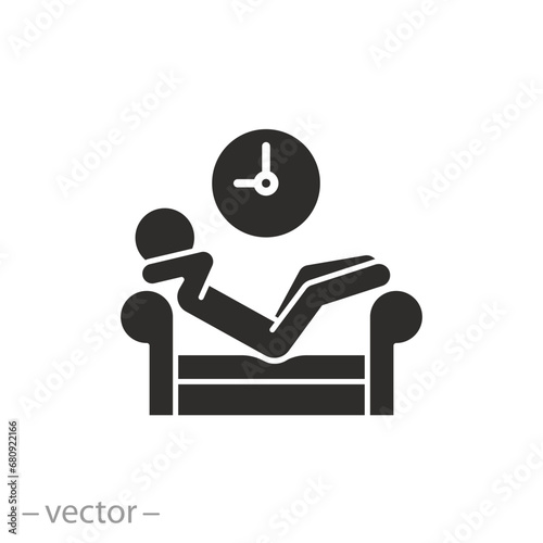 icon of taking a nap after work, free time on sofa, hands behind head, relaxation flat symbol on white background - vector illustration photo