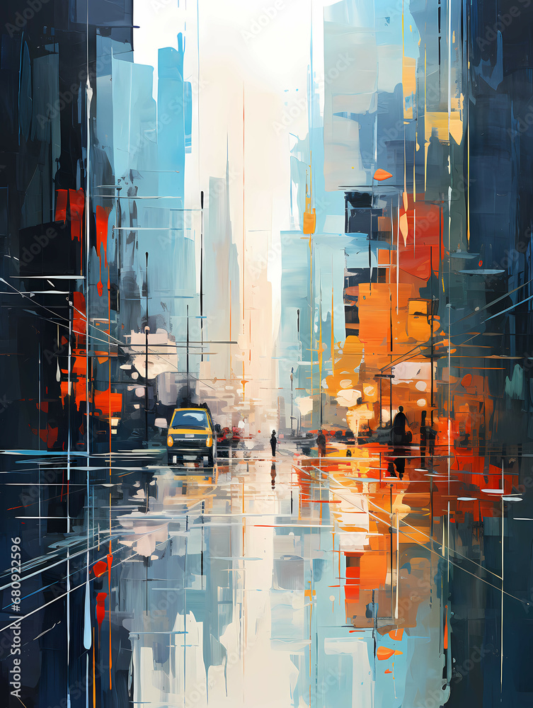 A Painting Of A Street With A Car And People Walking On It - Abstract art of cityscapeillustration painting - obrazy, fototapety, plakaty 