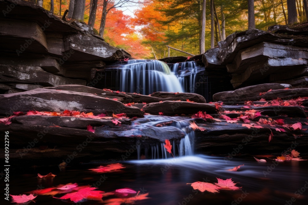 Autumn leaves and waterfall in the forest at fall season with colorful ...