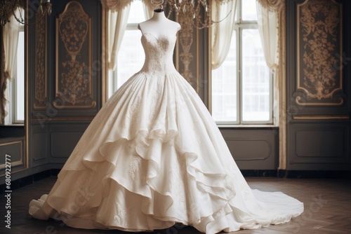 Beautiful wedding dress on a mannequin in the room, The perfect wedding dress with a full skirt on a hanger, AI Generated photo