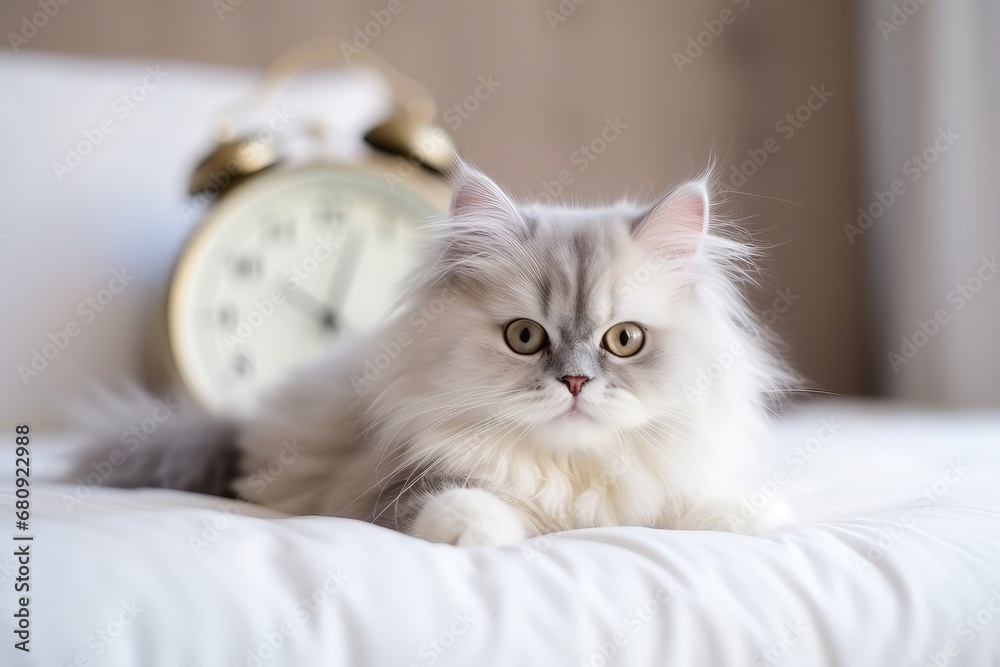 White Cat in Hotel Bed, Pet Vacation, Cat in Bedroom, Animal Traveler, Journey Companion