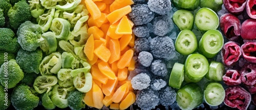 vertical arrangement of frozen,vegetables in  top view   background   photo