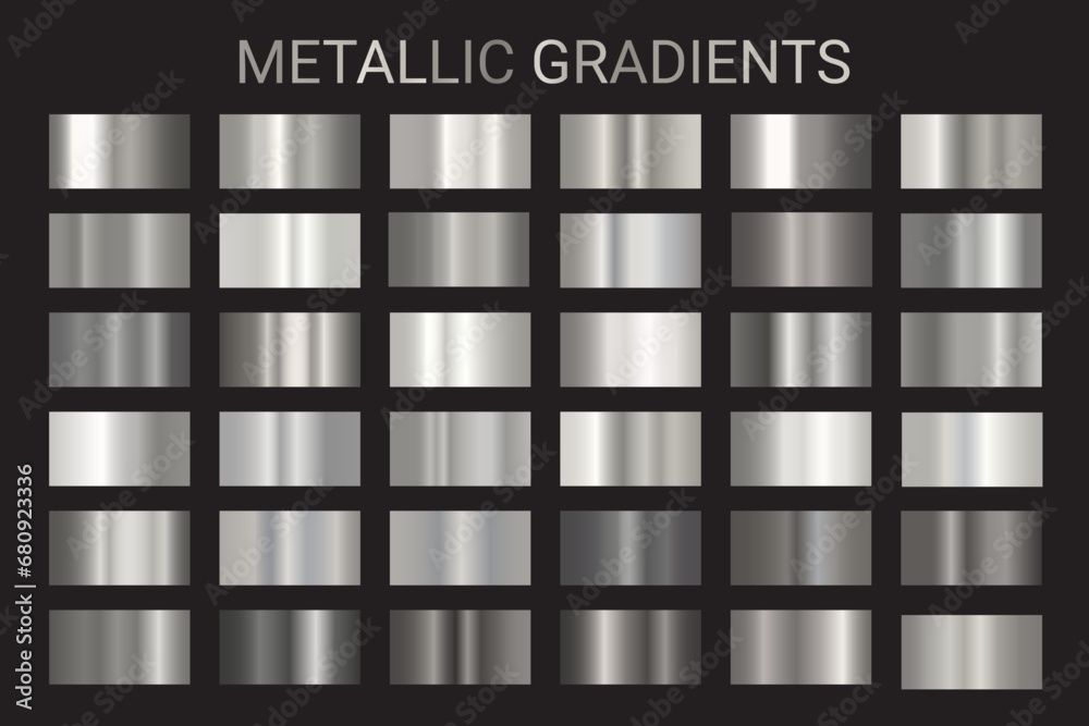 Metal gradients color set vector. Silver chrome texture surface background template for background, screen, mobile, digital, web. Metallic and chromium shade collection. Gold, silver, bronze colorful  - obrazy, fototapety, plakaty 