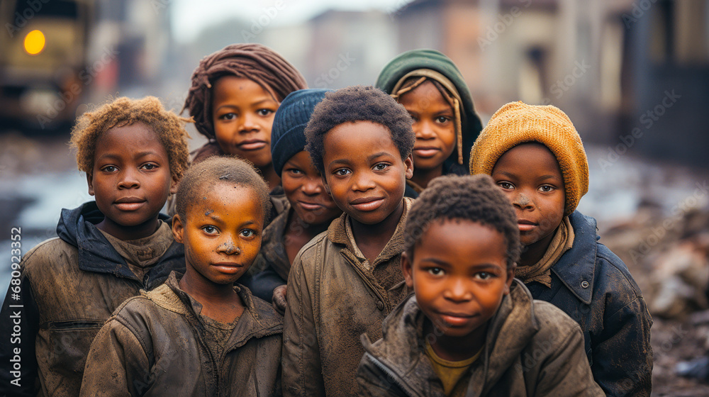 Fototapeta premium Curious children playing in dirt in slum.