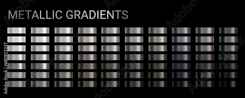 Metallic gradients color set vector. Silver chrome texture surface background template for background, screen, mobile, digital, app. Metal and chromium shade collection. Gold, silver, bronze colorful 