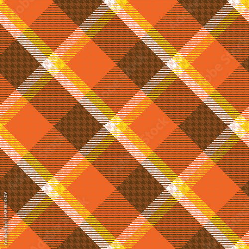 Diagonal Gingham Red, Orange Lumberjack Plaid Seamless Pattern with Hounds Tooth, Checkered Tweed Tartan Repeating Wallpaper