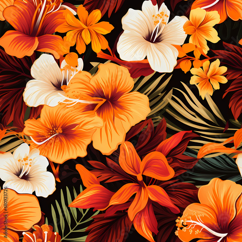 Tropical Autumn Flowers Seamless Patterns Background