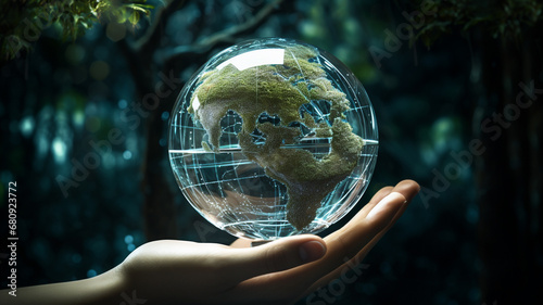 Earth crystal glass globe ball and tree in robot hand