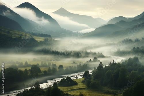 Mountains, hills in cloud, mist, rain, fog, Cairngorms, Highlands, Scotland photo