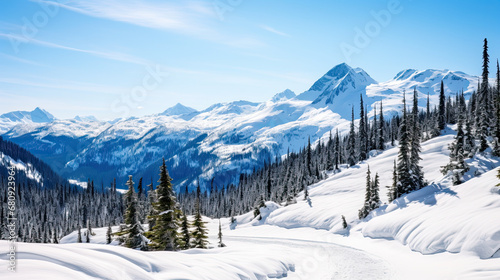 View of snow covered mountain and green trees in spring. 