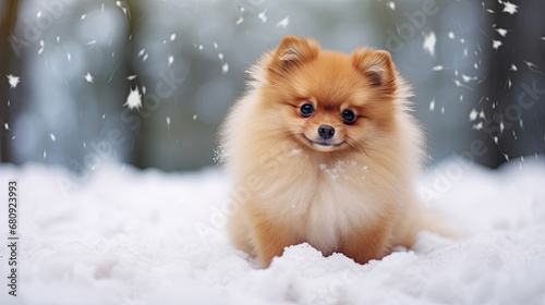 Pomeranian dog   in the snow, winter wallpaper  © reddish