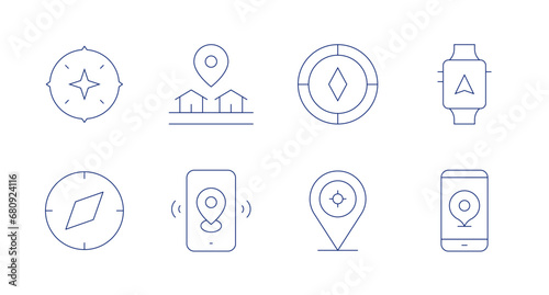 GPS icons. Editable stroke. Containing compass, placeholder, phone, gps.