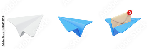 3d set of paper plane and mail icon with notification of new message concept illustration ideas photo