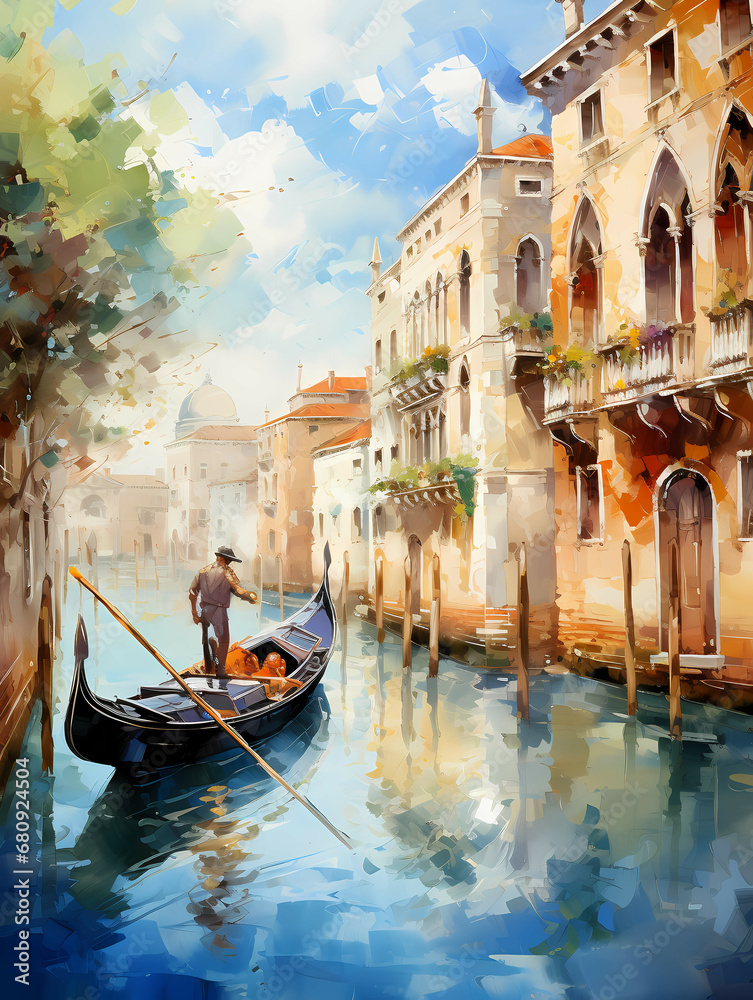 A Painting Of A Gondola On A Canal With Buildings And Trees - Amazing Venice - artwork in painting style - obrazy, fototapety, plakaty 