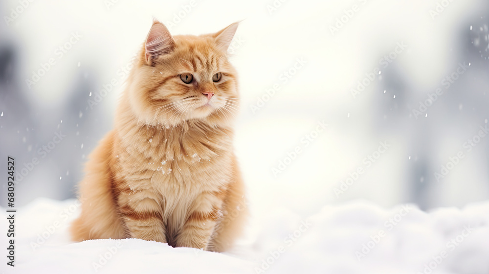 Red cat  in the snow, winter wallpaper 