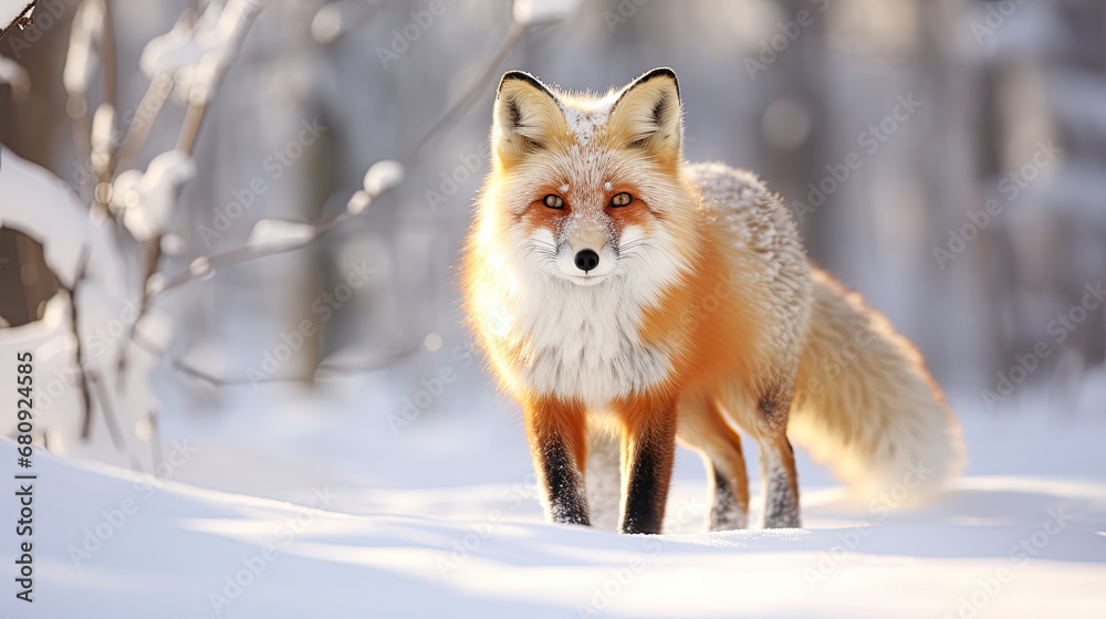Fototapeta premium Red fox in the snow, winter wallpaper 