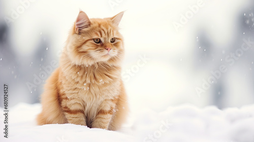 Red cat in the snow, winter wallpaper 