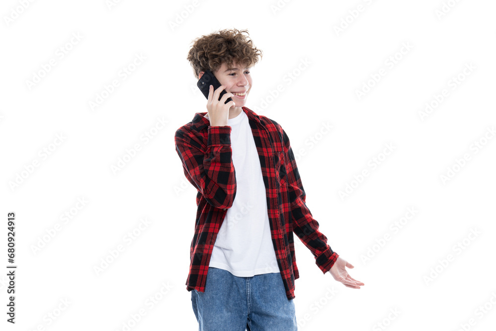PNG of a teenage boy talking on the phone, isolated on a white background. PNG of a teenage boy talking on the phone, isolated on a white background.