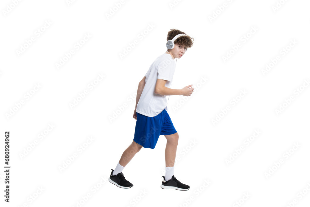 PNG, teenage boy in sportswear running, isolated on white background.