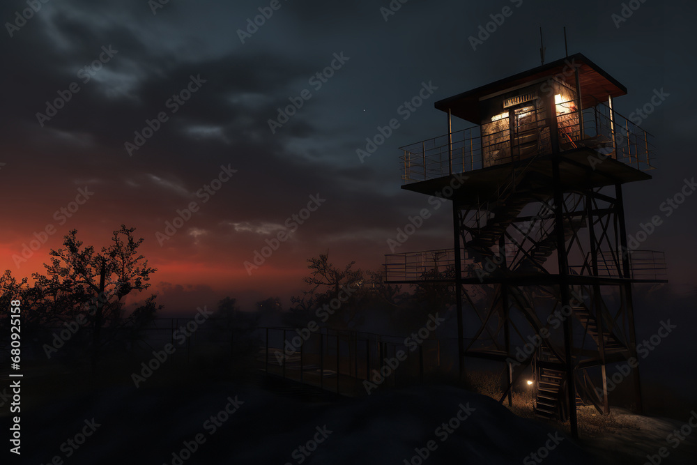 A guard tower stands tall, equipped with floodlights and security cameras, overlooking a high-security prison yard as the sky turns to dusk, enhancing the atmosphere of surveillance