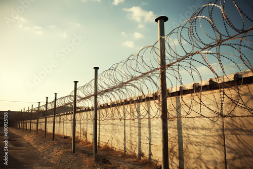 A high perimeter wall topped with rolls of barbed wire circles a prison facility, emphasizing the restrictive nature of the institution