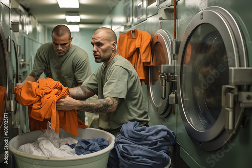 A group of inmates are busy doing laundry in a prison laundry room, carrying out one of the daily chores required of them photo