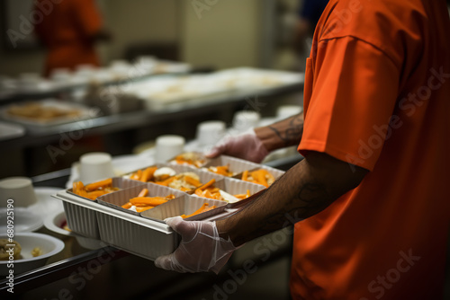 Cafeteria trays filled with basic meals are being distributed to a line of prisoners, highlighting the routine and simplicity of prison life photo