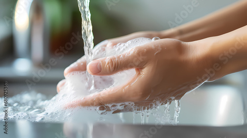 Hand washing poster web page PPT background, a person stands in front of the sink, stretches out his hands and puts them under the faucet photo