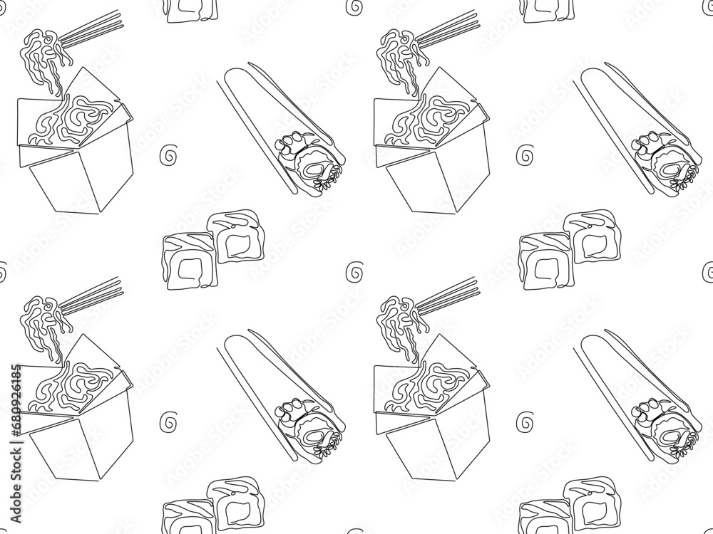 Black and white seamless doodle pattern of Chinese, Japanese food, rolls, sushi, noodles . continuous one line art hand drawing sketch