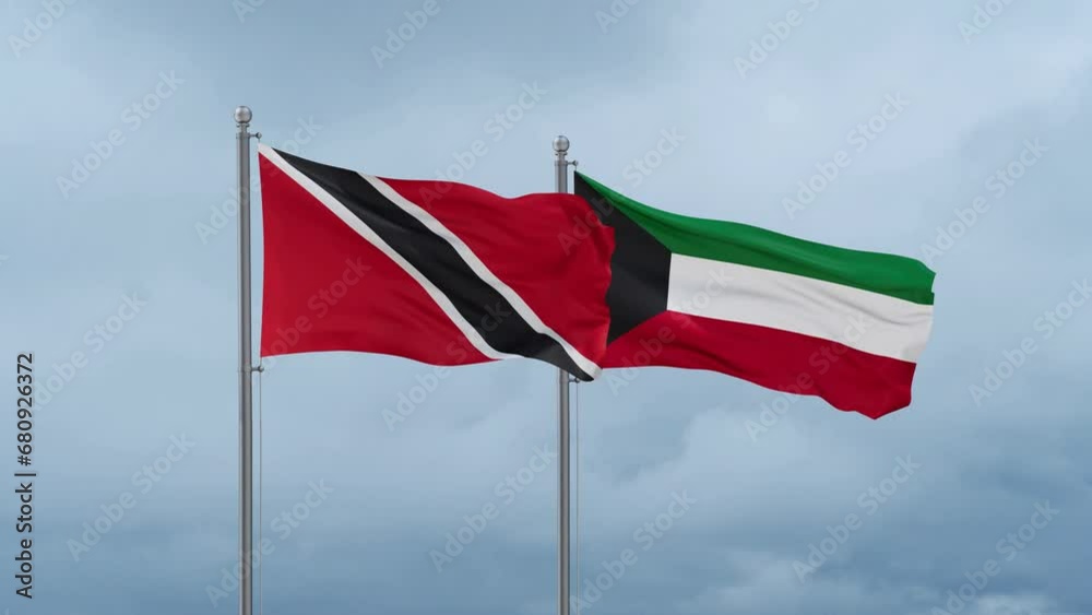 Kuwait and Trinidad and Tobago flag waving together on cloudy sky, endless seamless loop, two country cooperation concept Kuwait and Trinidad and Tobago flag waving together on cloudy sky, endless seamless loop, two country cooperation concept