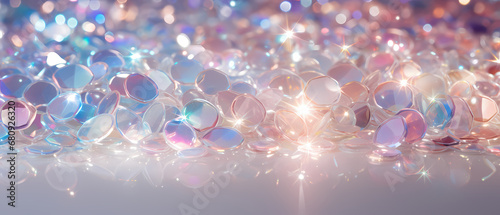 Close-up of crystal beads on blue background with bokeh effect photo