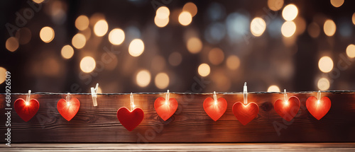 Happy Valentine's Day wedding birthday background banner panorama greeting - Red hearts hang on wooden clothes pegs on a string, with bokeh lights in the background photo