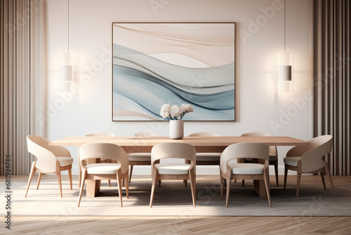 An elegant dining area in Scandinavian style, with a long, sleek dining table, curved chairs in light gray fabric, a geometric pendant light, and a large framed abstract artwork