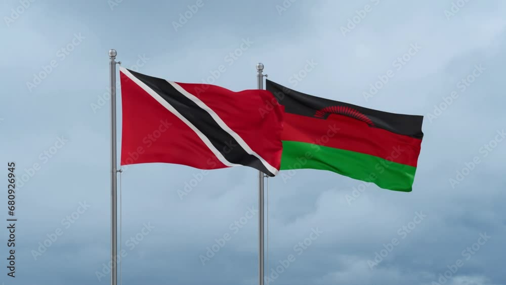 Malawi flag and Trinidad and Tobago flag waving together on cloudy sky, endless seamless loop, two country relations concept Malawi flag and Trinidad and Tobago flag waving together on cloudy sky, endless seamless loop, two country relations concept
