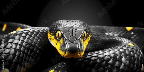 Close-up portrait of a snake with yellow eyes on a black background