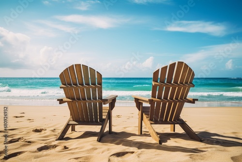 A close up stock photo of a two lounge Beach chairs on tropical beach