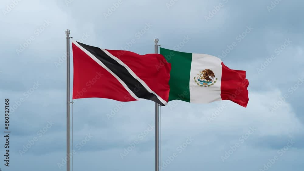 Mexico flag and Trinidad and Tobago flag waving together on cloudy sky, endless seamless loop, two country relations concept Mexico flag and Trinidad and Tobago flag waving together on cloudy sky, endless seamless loop, two country relations concept