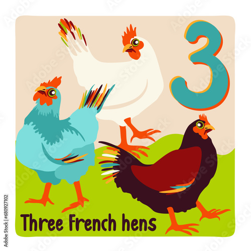 Three French hens. Twelve days of Christmas. Vector illustration.