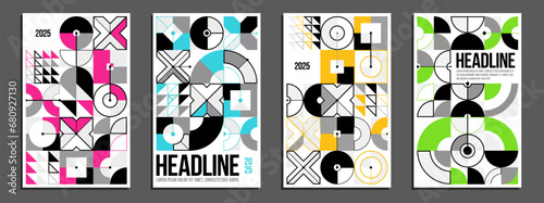 Abstract geometric posters and covers set, vector background pattern magazine or catalog templates, technic style geometric shapes composition.